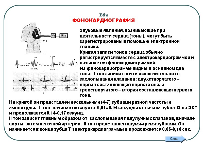 В8а   ФОНОКАРДИОГРАФИЯ  Звуковые явления, возникающие при деятельности сердца (тоны), могут быть